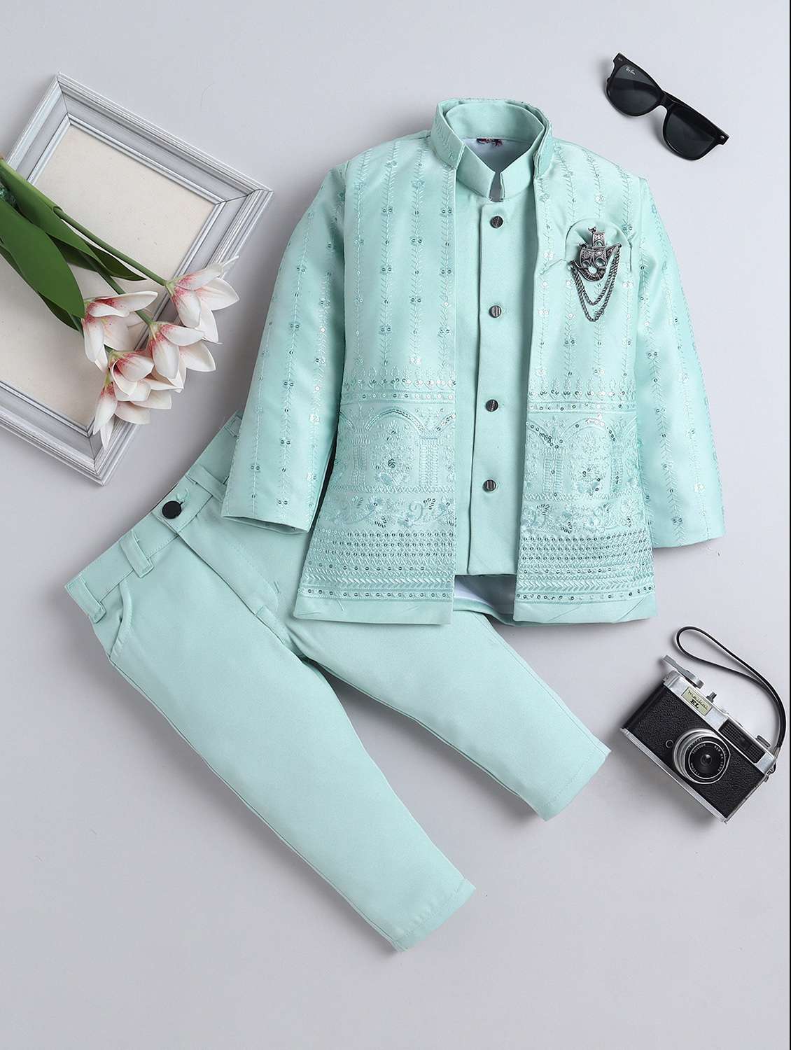 boys embroidered mandarin neck sherwani set