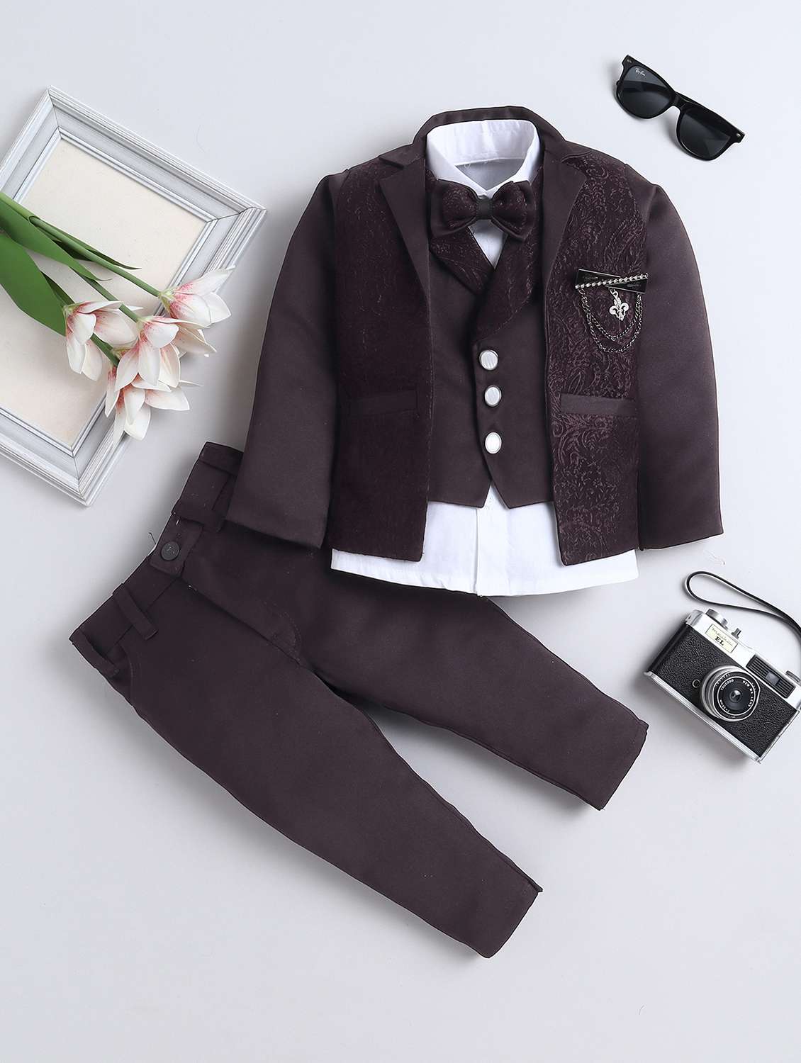 boys self designed blazer and trouser with shirt set