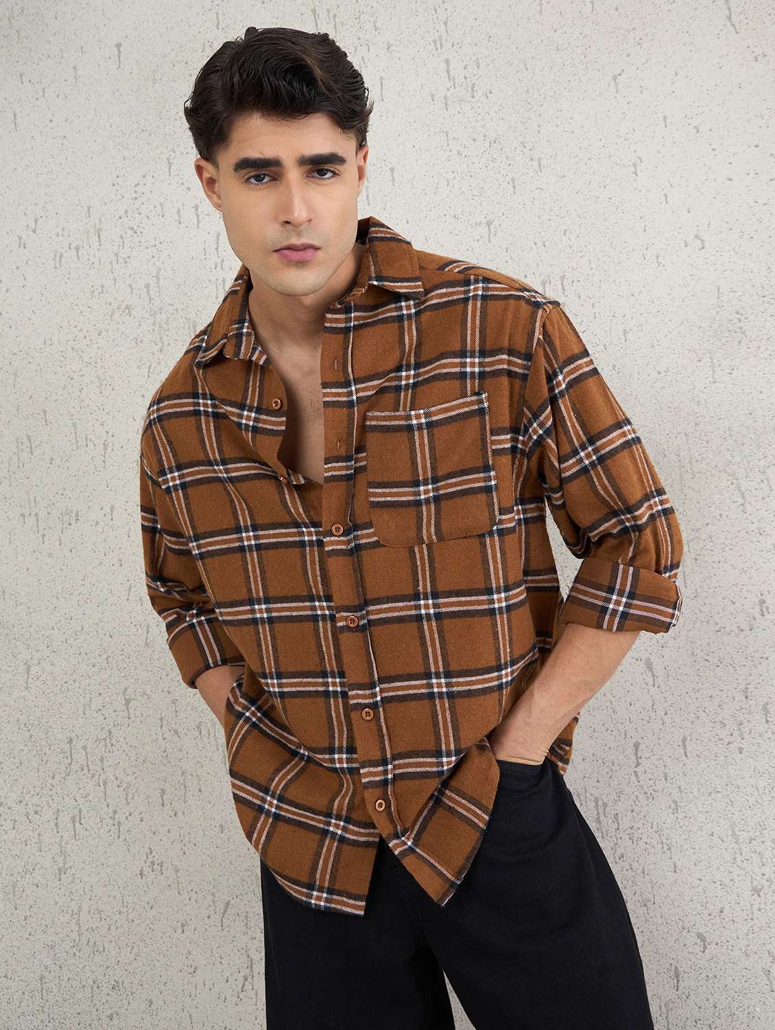 men checkered long sleeve oversized casual shirt