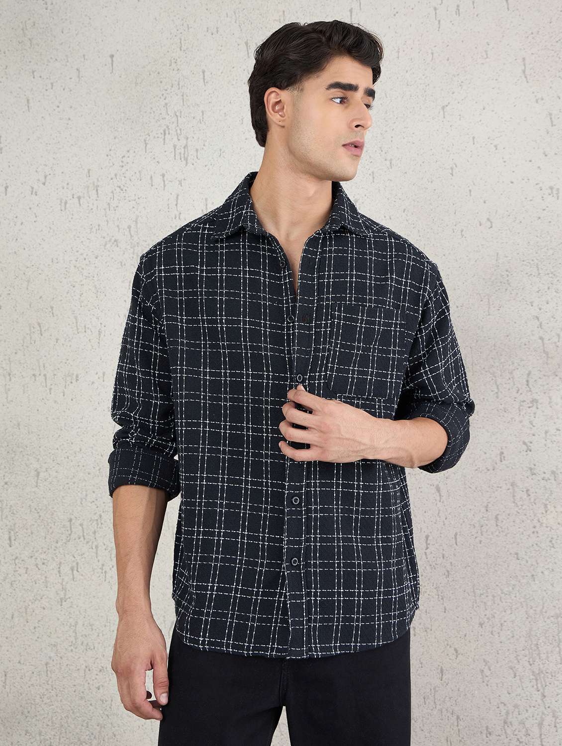 men checkered long sleeve oversized casual shirt