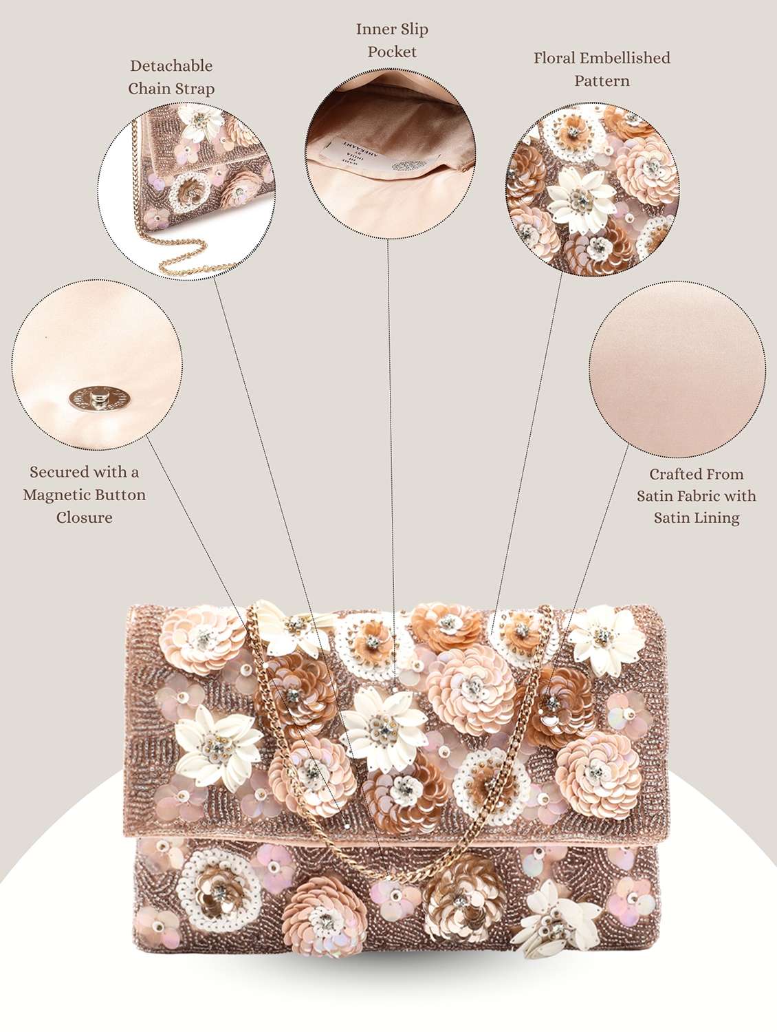 floral embellished satin sling bag party clutch - 22145738 - Standard Image - 3