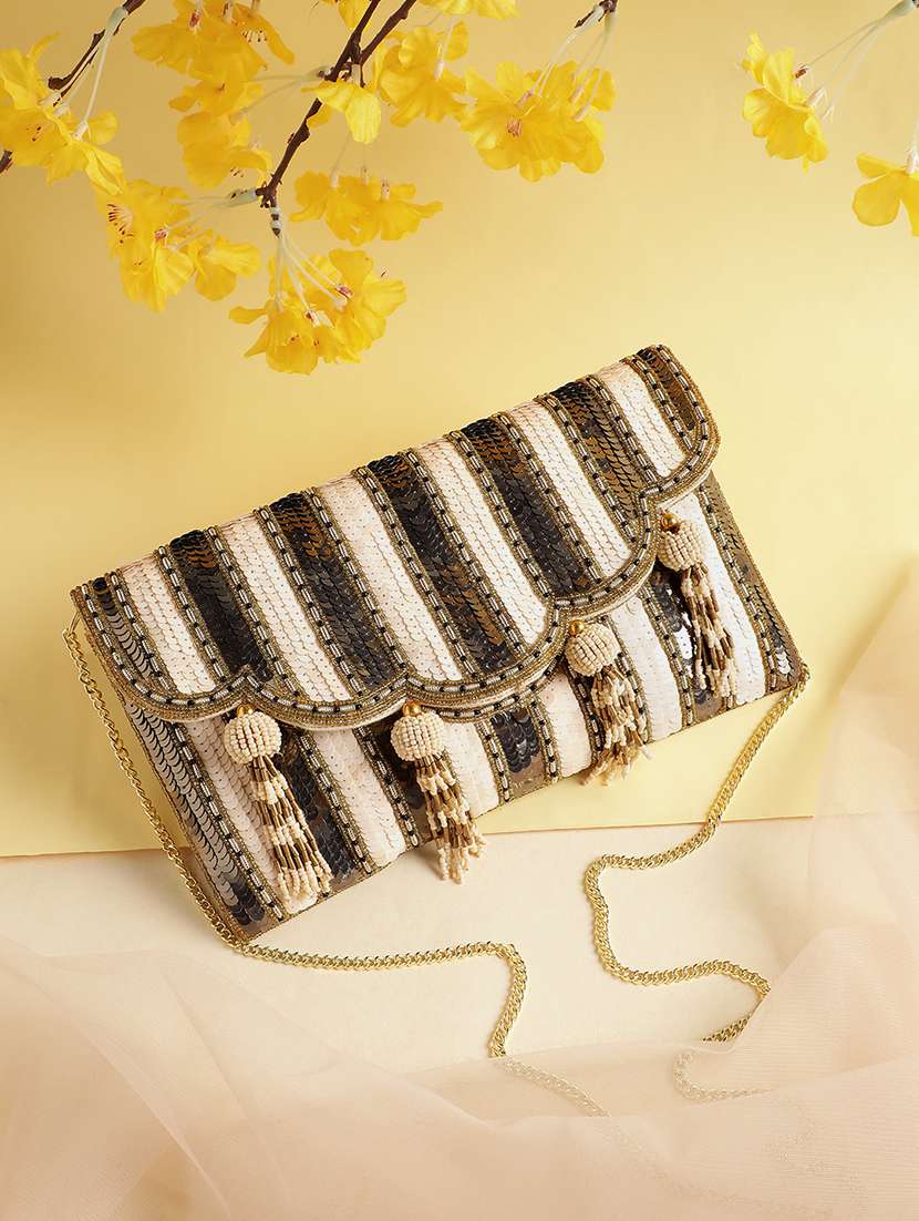 striped embellished beige clutch with tassels