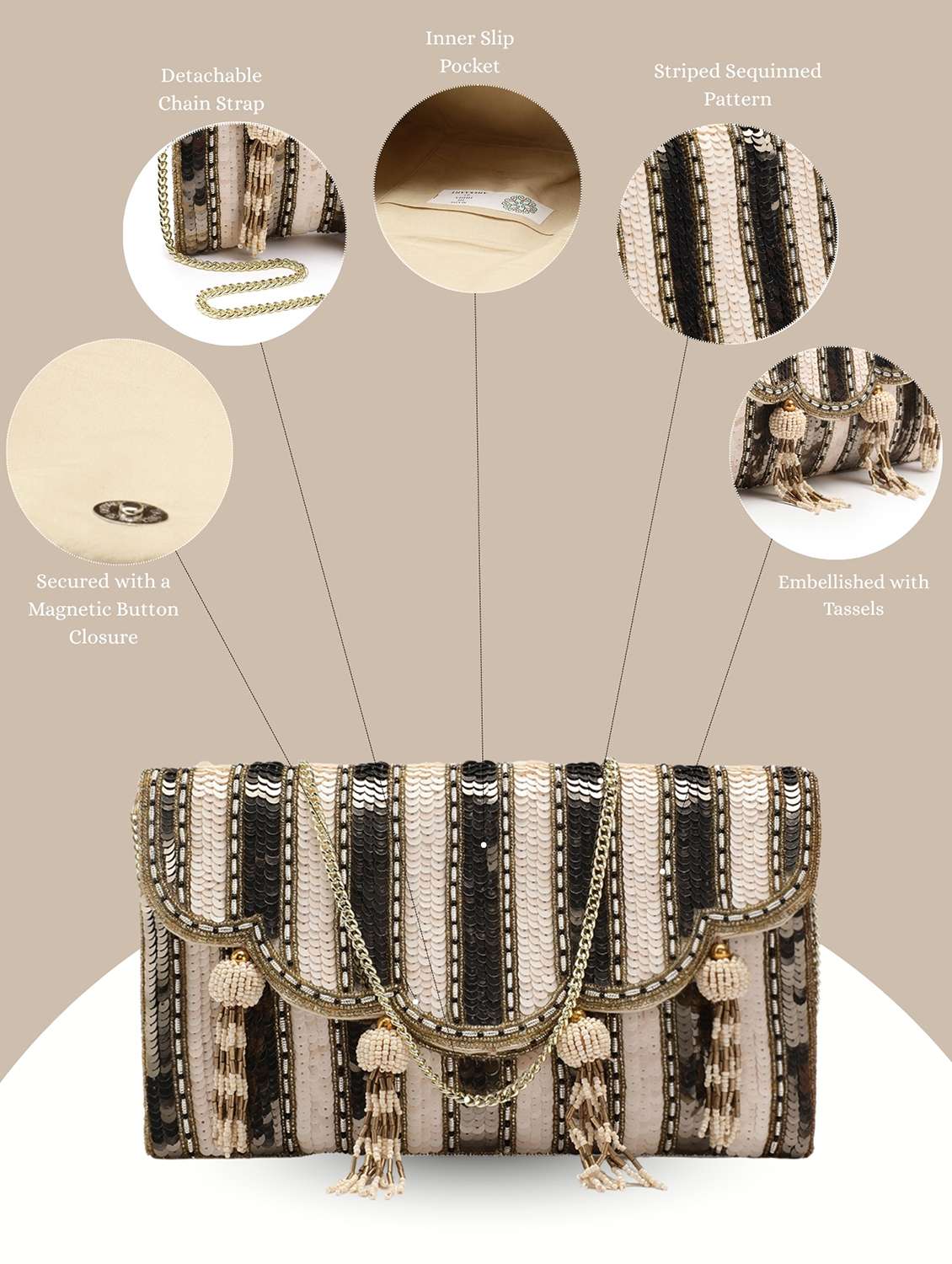 striped embellished beige clutch with tassels - 22145743 -  Standard Image - 3