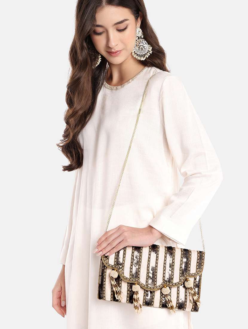 striped embellished beige clutch with tassels - 22145743 -  Standard Image - 5