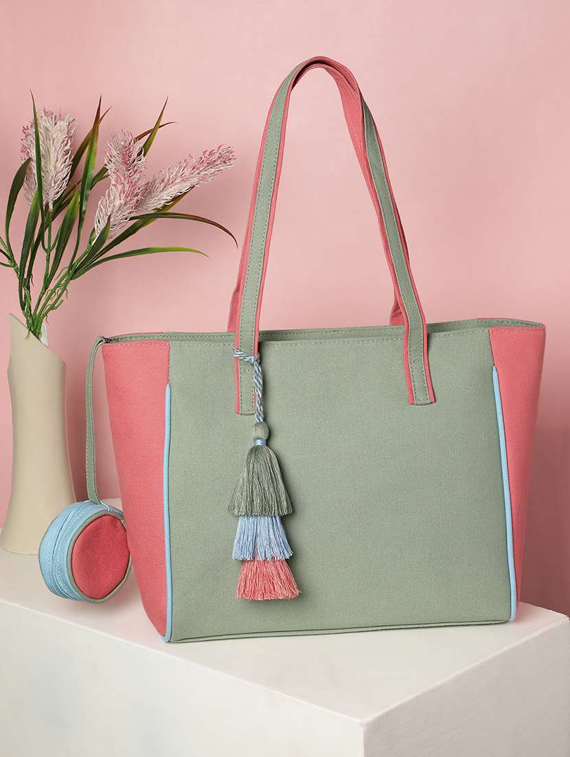 colorblock pastel canvas tote bag with tassel