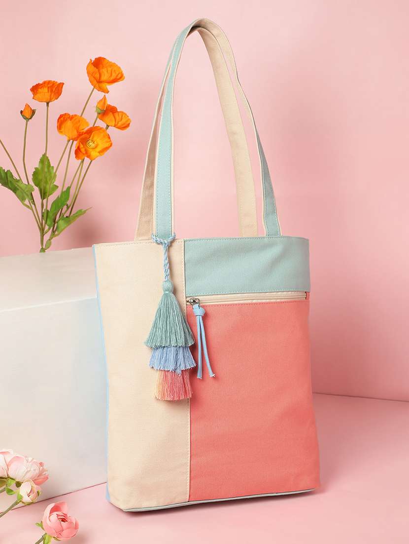 color block canvas tote bag with tassels