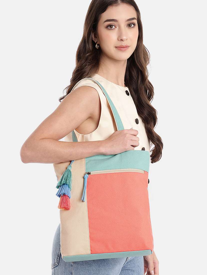 color block canvas tote bag with tassels - 22145793 -  Standard Image - 8