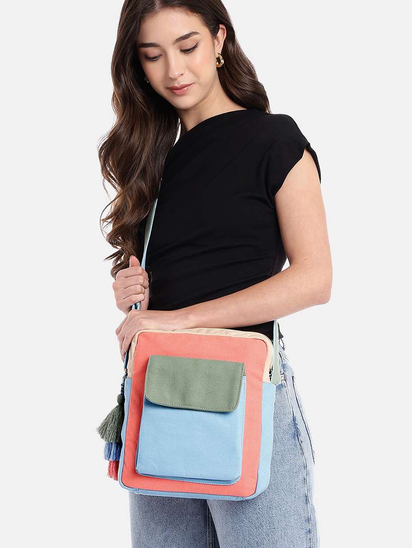 color block canvas sling bag with tassel - 22145800 -  Standard Image - 5