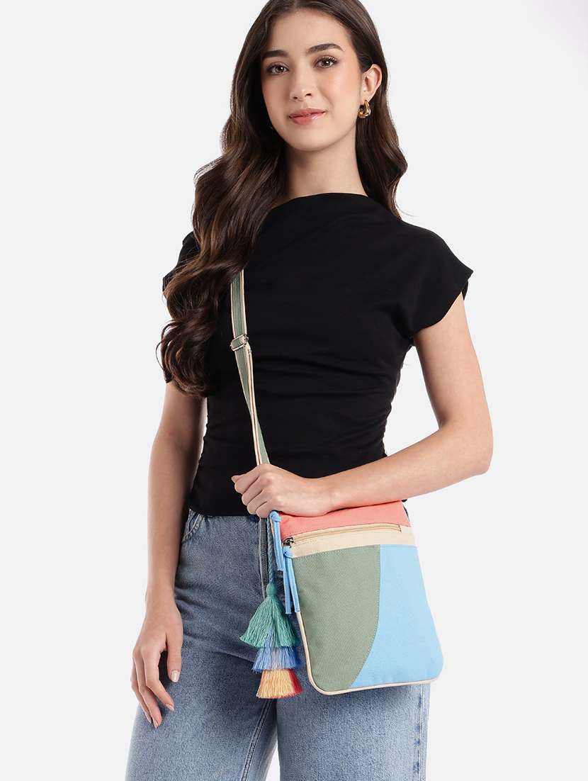 colorblock canvas sling bag with tassels - 22145801 - Standard Image - 5