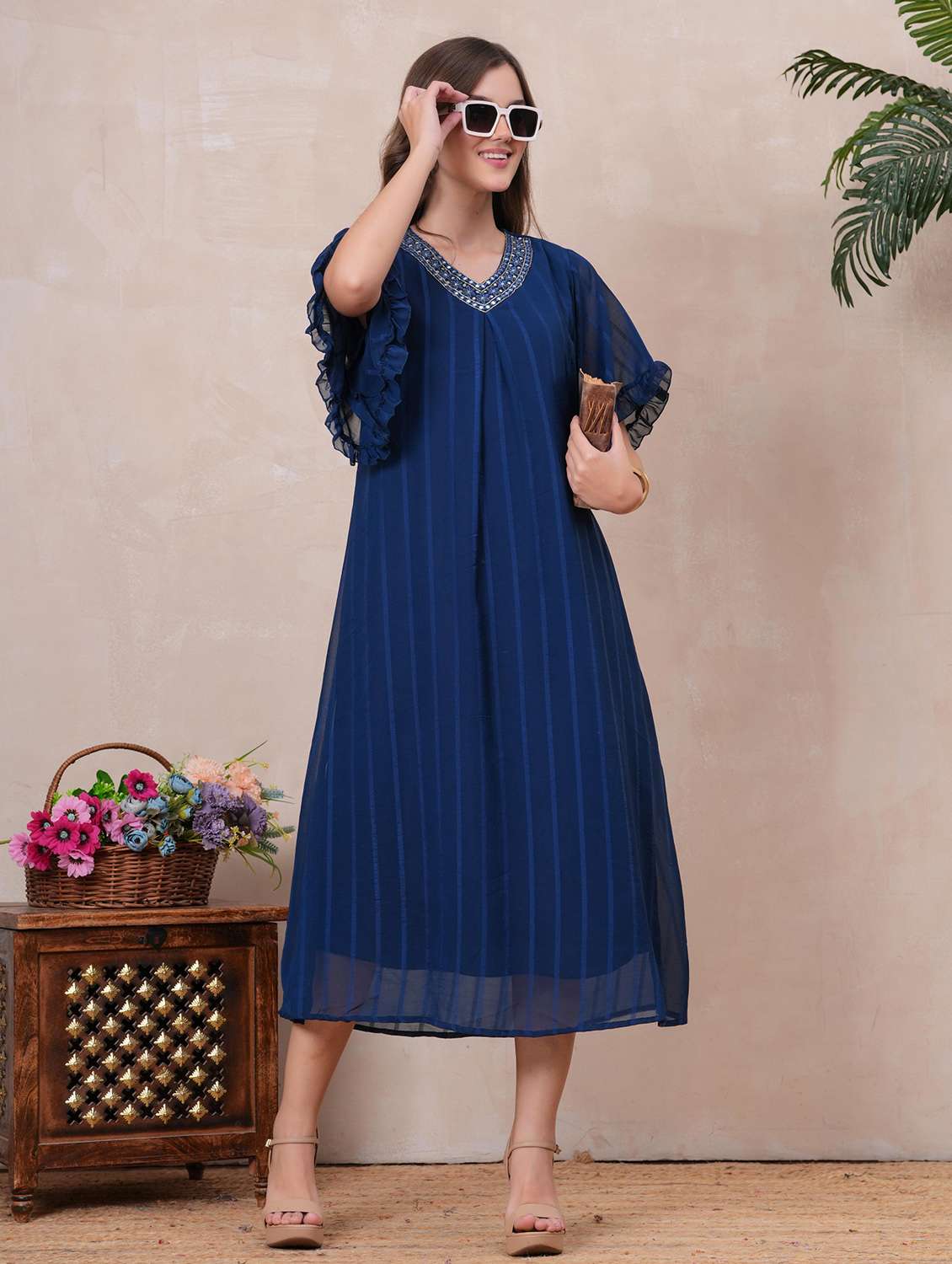 women striped flared sleeve a-line ethnic dress