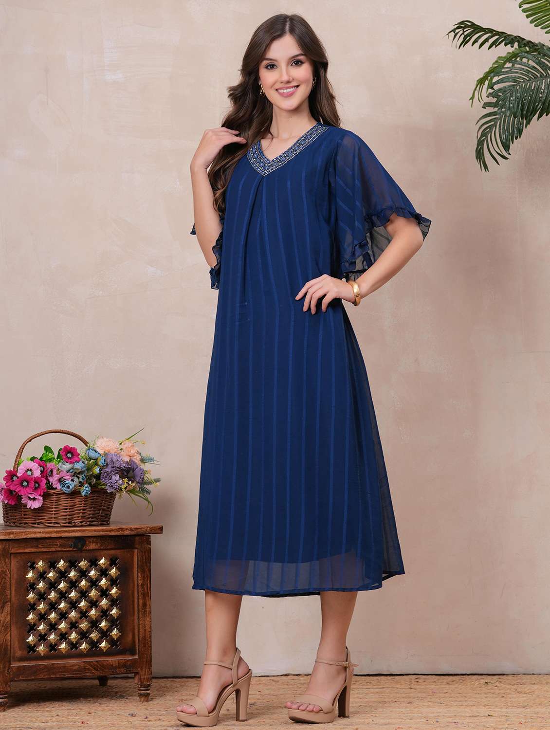 women striped flared sleeve a-line ethnic dress - 22145854 -  Standard Image - 3