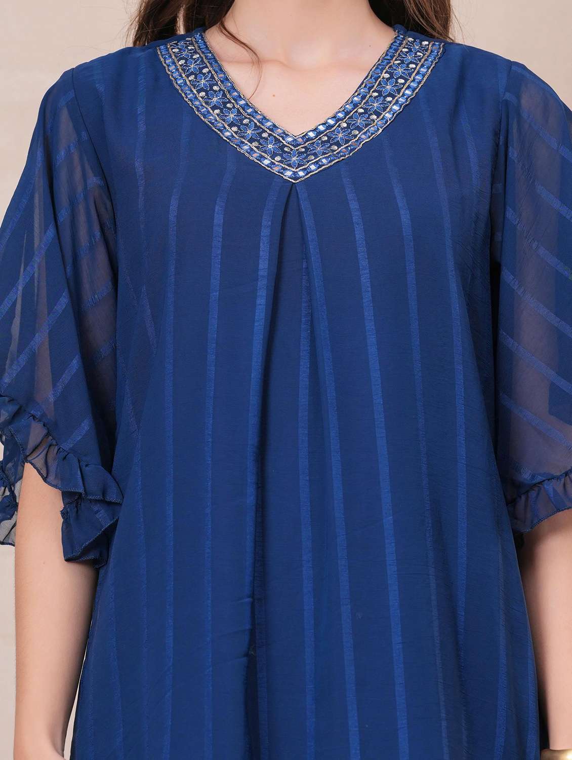 women striped flared sleeve a-line ethnic dress - 22145854 -  Standard Image - 5