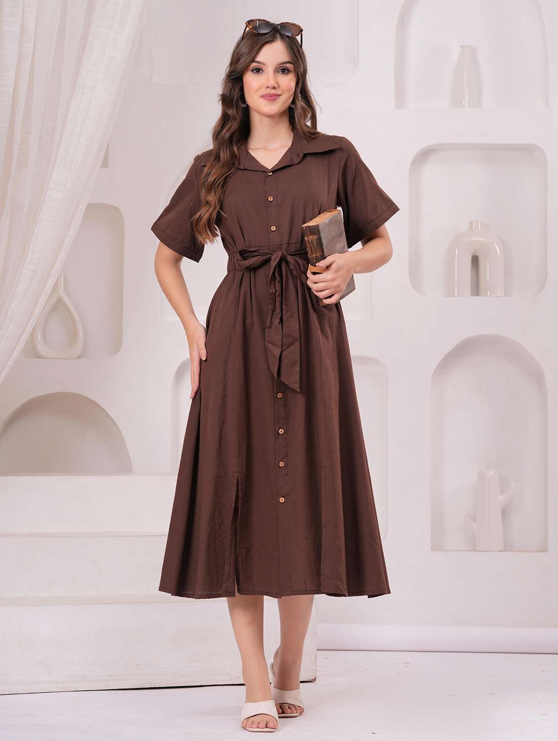 women solid short sleeve a-line ethnic dress
