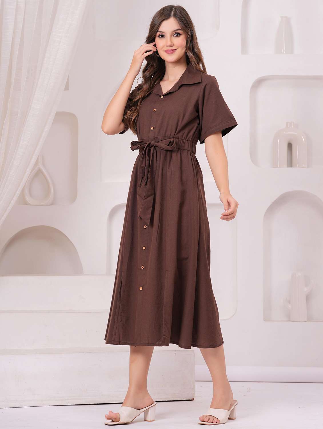 women solid short sleeve a-line ethnic dress - 22145855 - Standard Image - 3