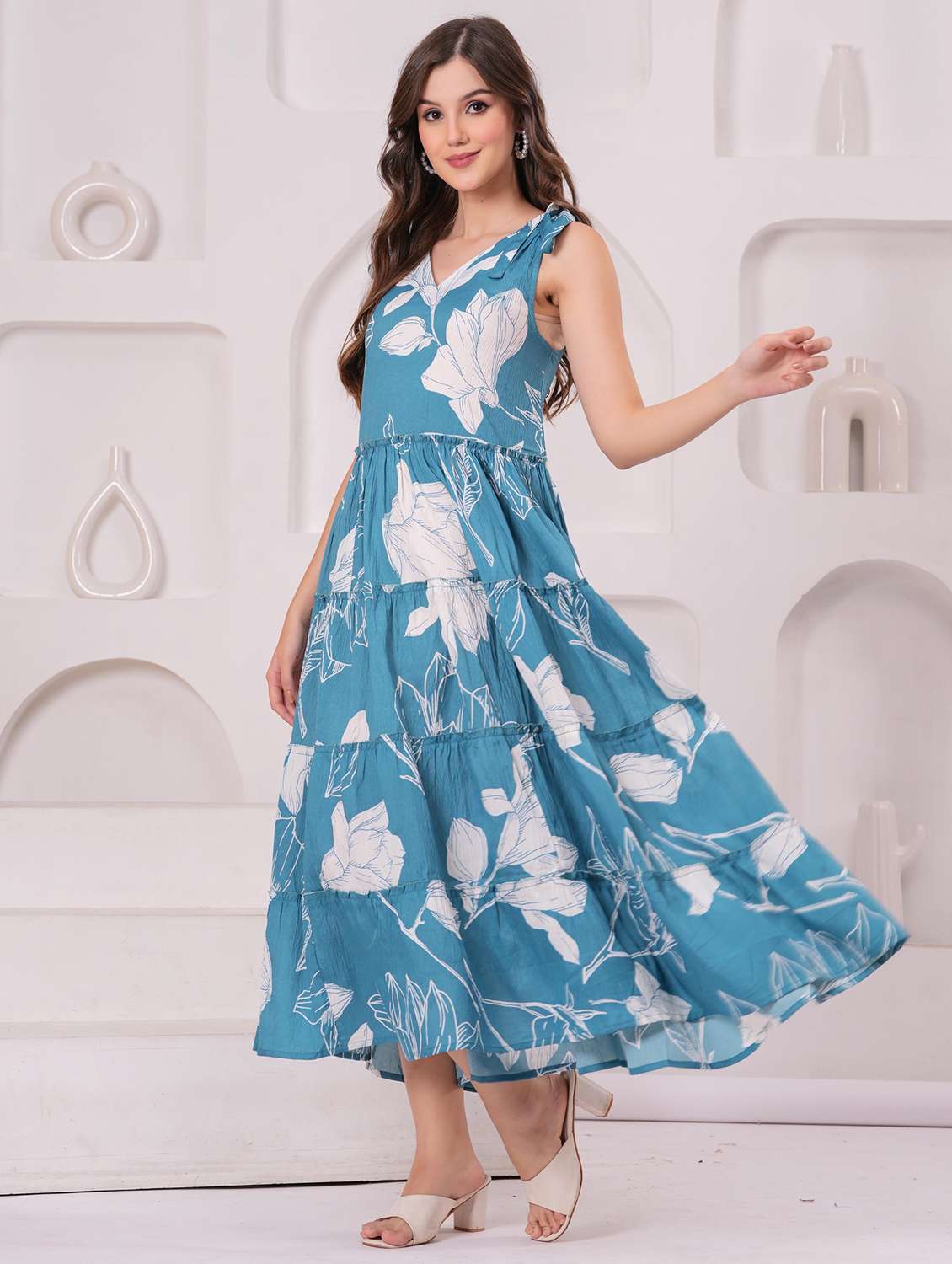 women floral printed sleeveless tiered dress - 22145863 - Standard Image - 3
