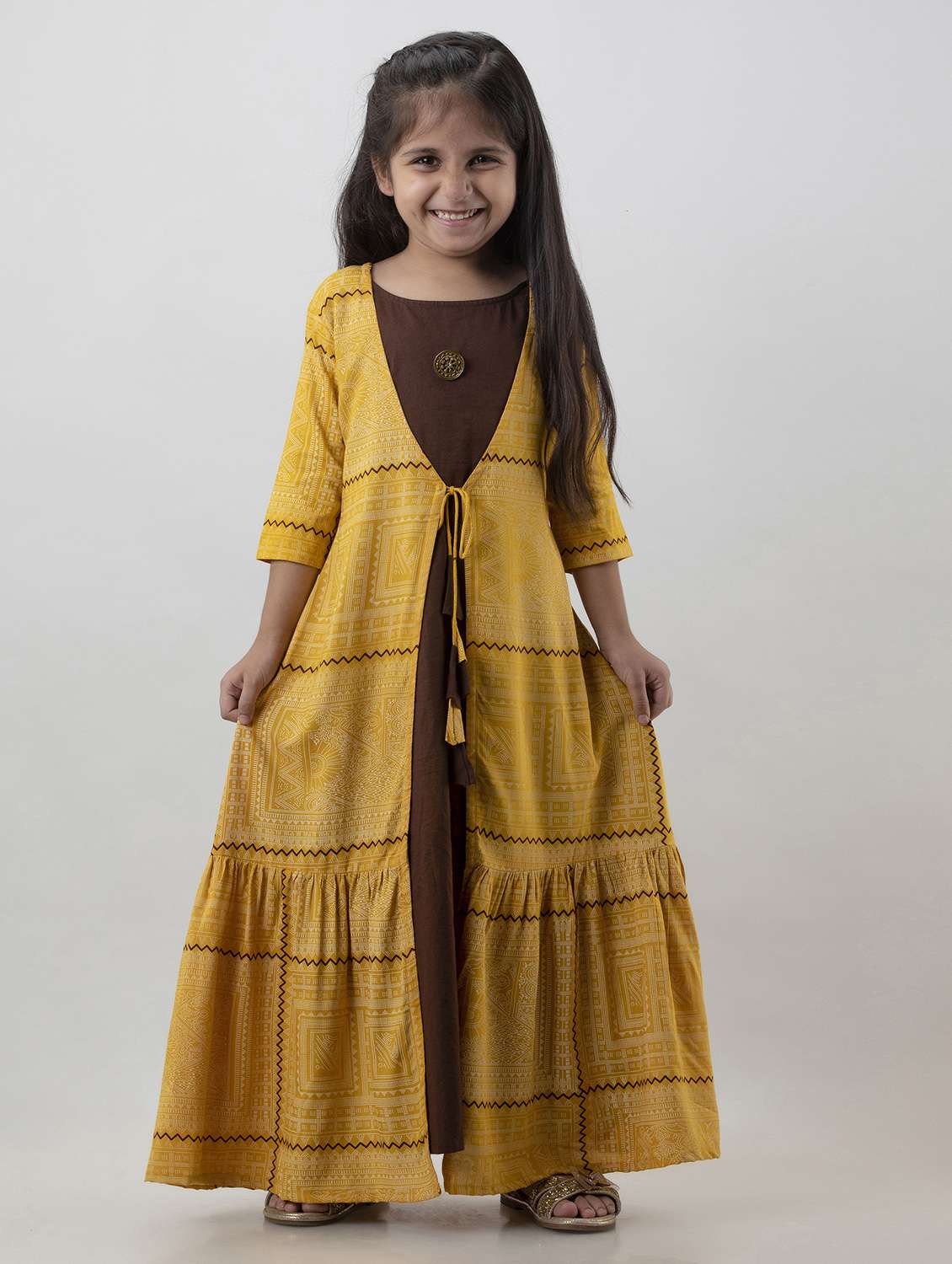 girls printed three quarter sleeve layered gown - 22145880 -  Zoom Image - 0