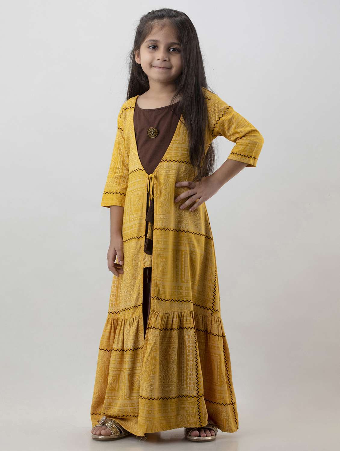 girls printed three quarter sleeve layered gown - 22145880 -  Standard Image - 3
