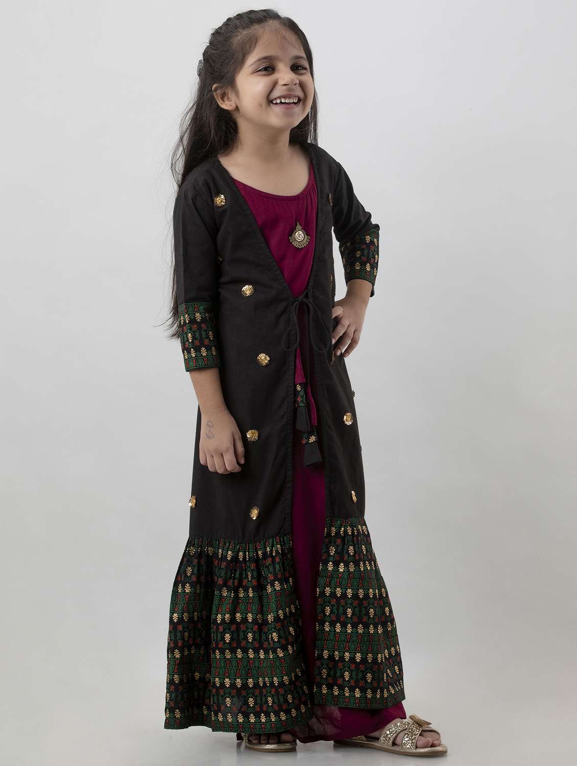 girls printed three quarter sleeve layered gown