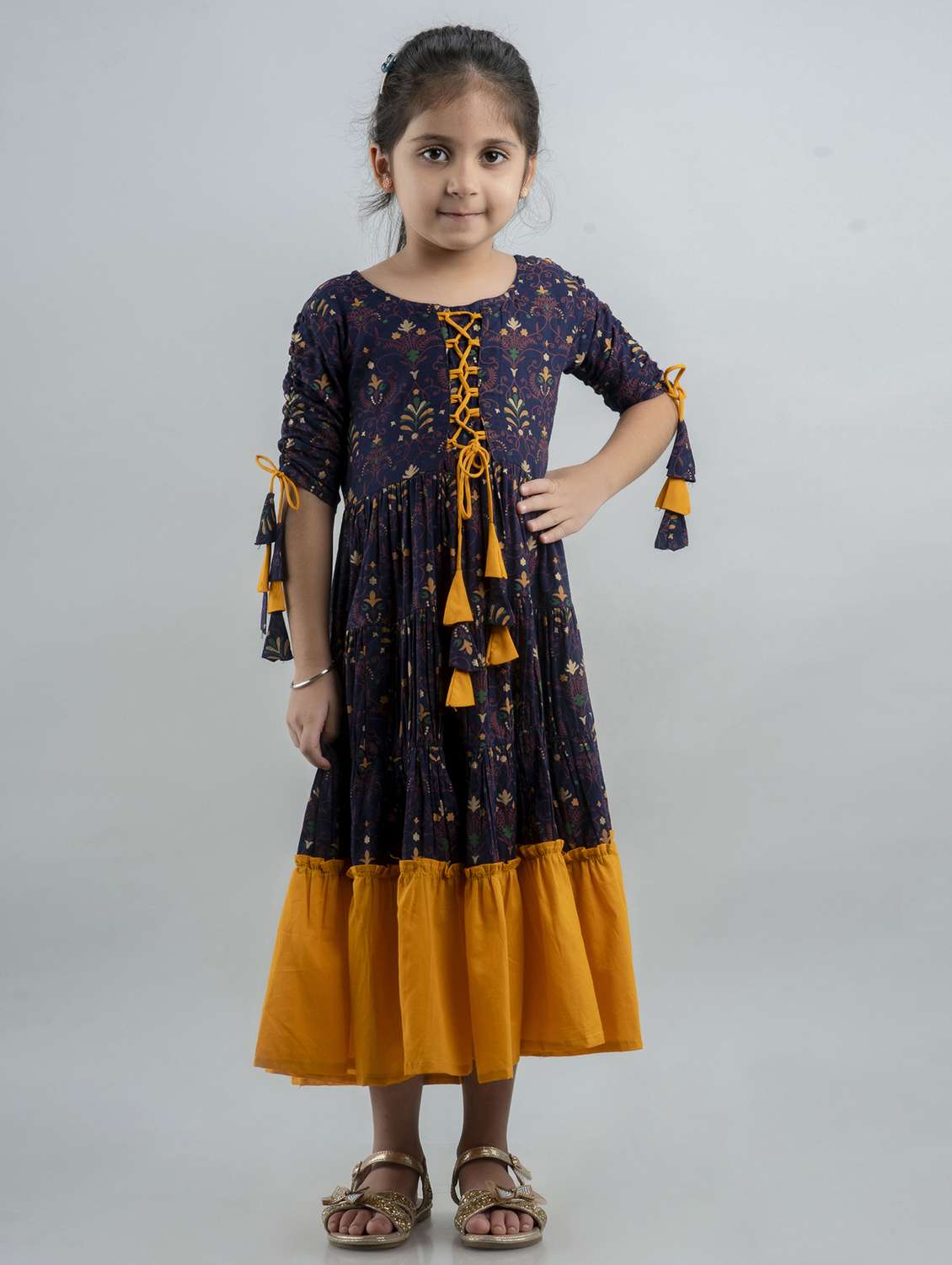 girls printed three quarter sleeve tiered gown