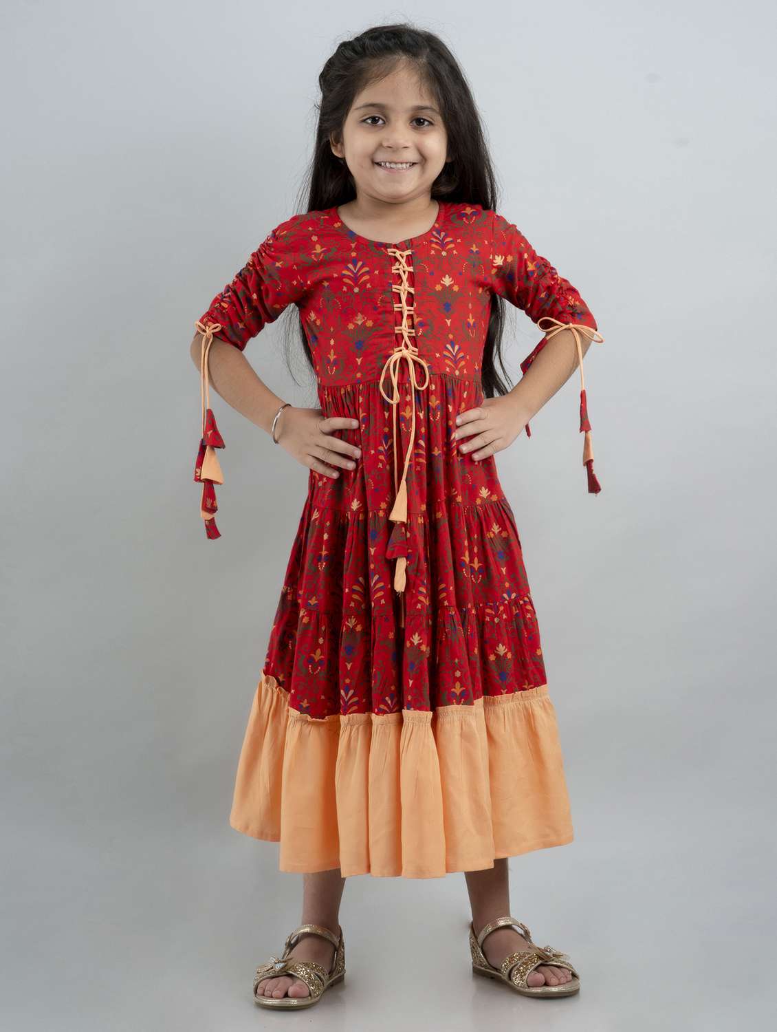 girls printed three quarter sleeve tiered gown