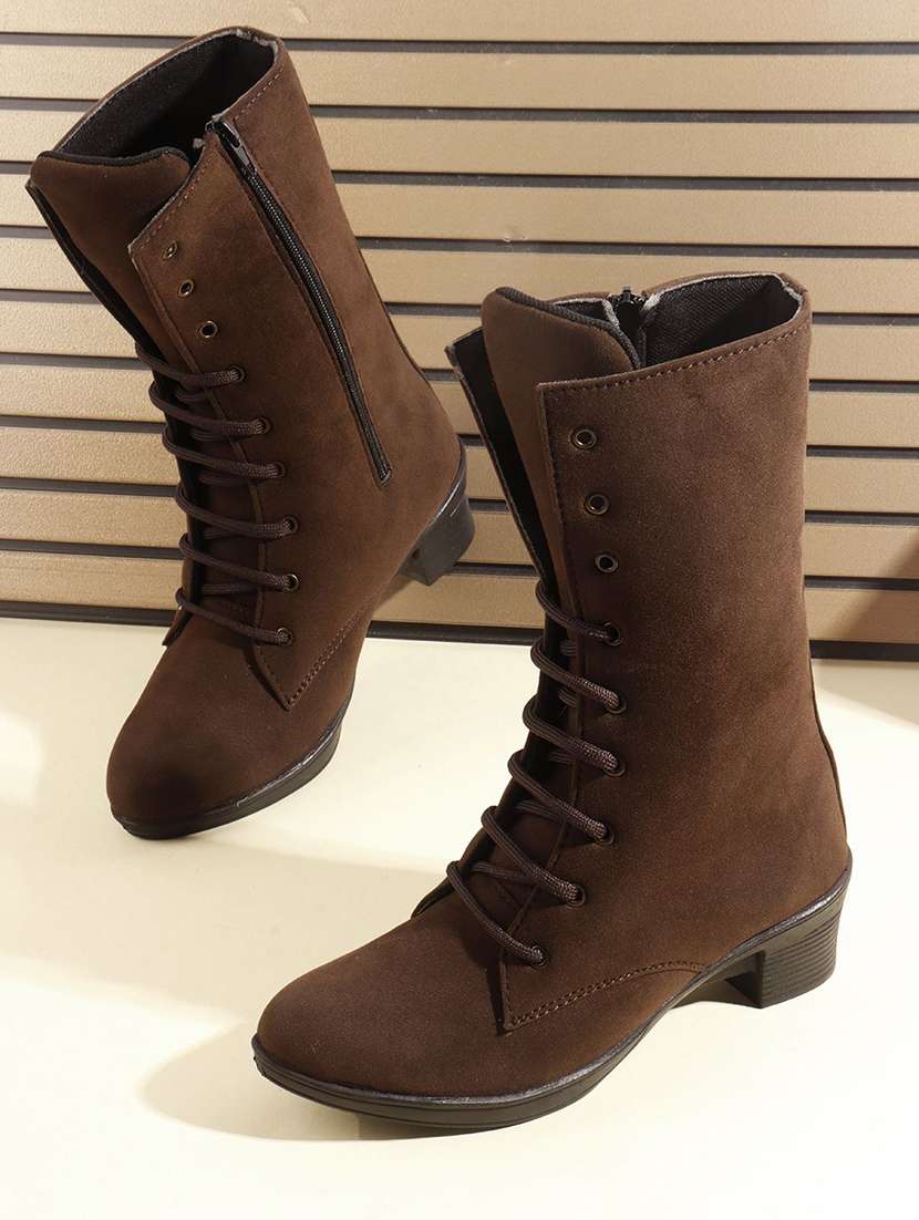 women solid lace up calf length boot