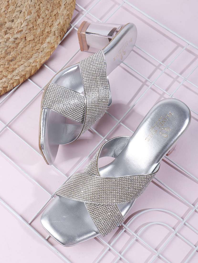 women silver slip on sandal