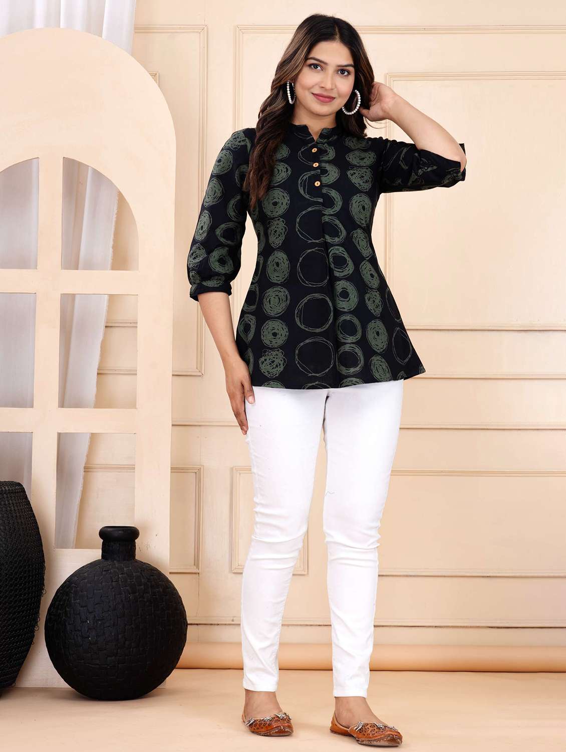 women printed three quarter sleeve ethnic top - 22146144 - Standard Image - 3