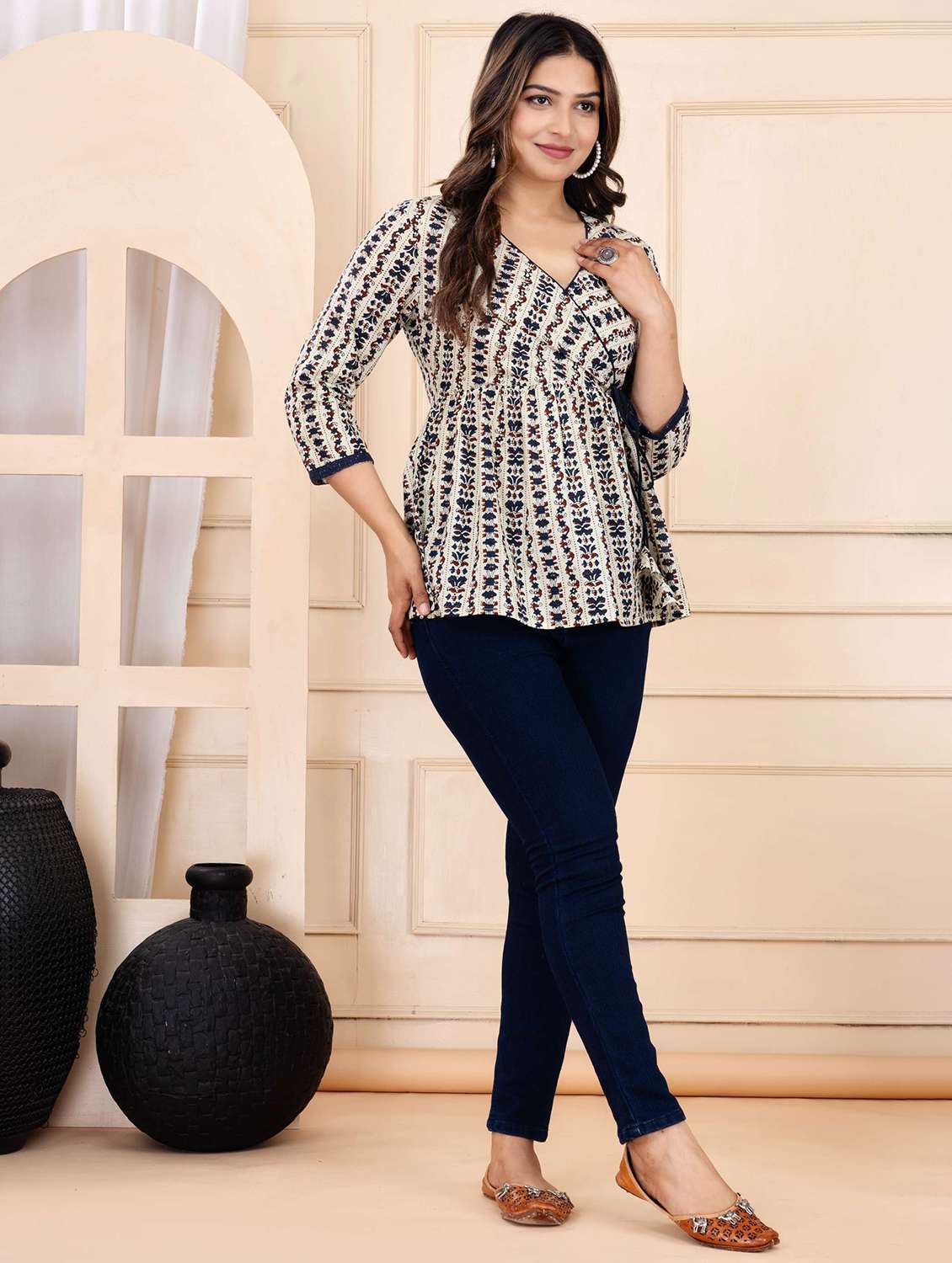 women printed three quarter sleeve ethnic top - 22146146 - Standard Image - 3
