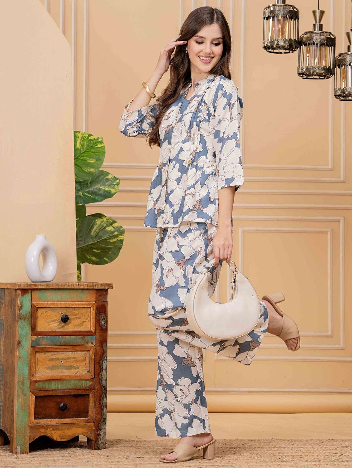 women three quarter sleeve regular fit ethnic co-ord set