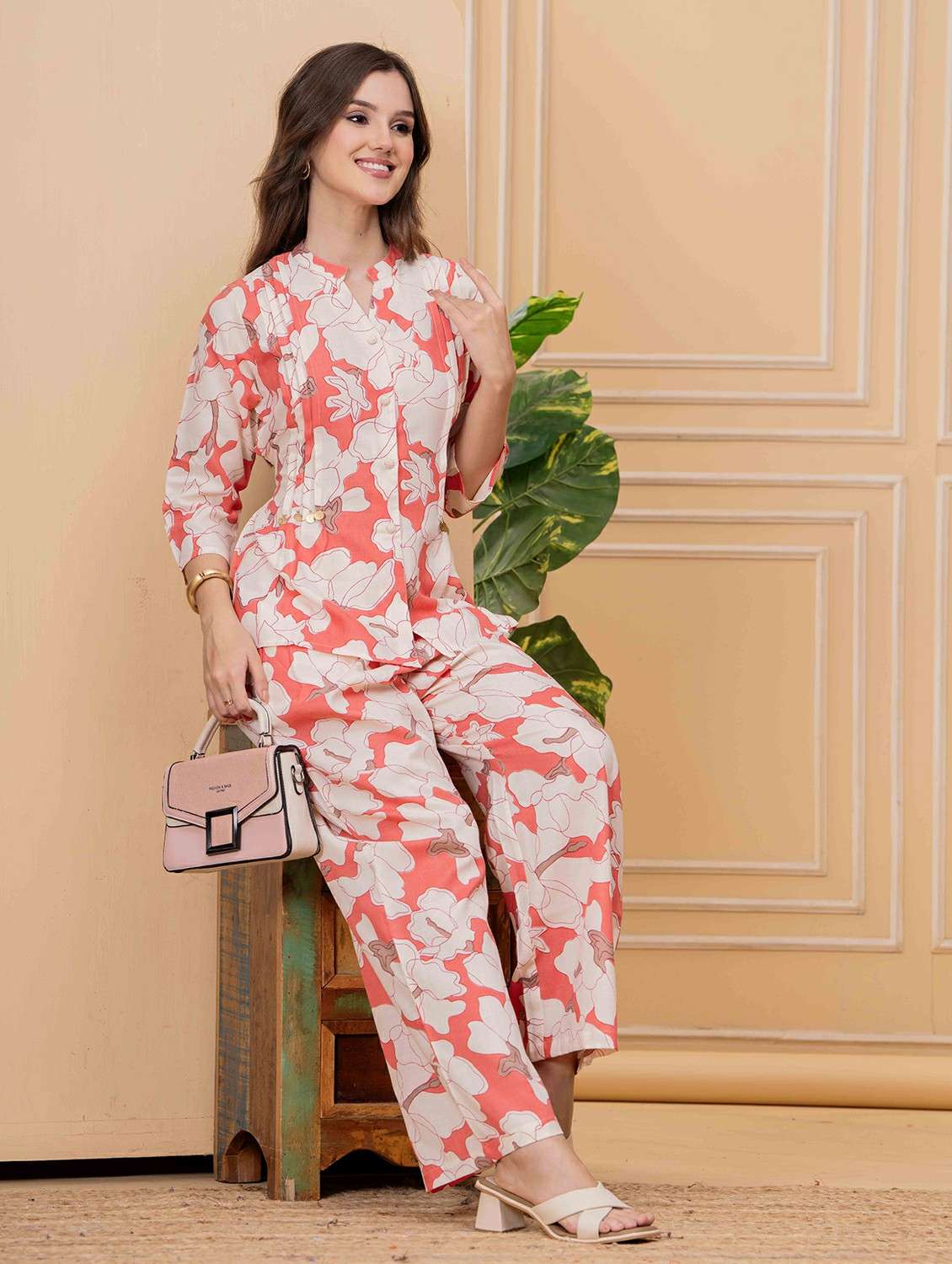 women three quarter sleeve regular fit ethnic co-ord set