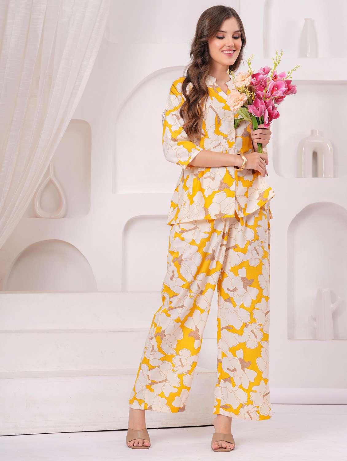 women three quarter sleeve regular fit ethnic co-ord set