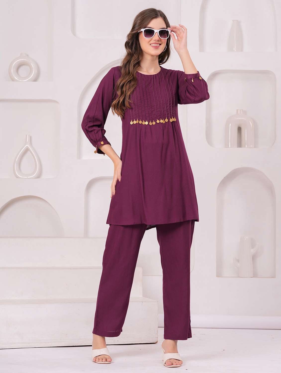 women three quarter sleeve regular fit ethnic co-ord set