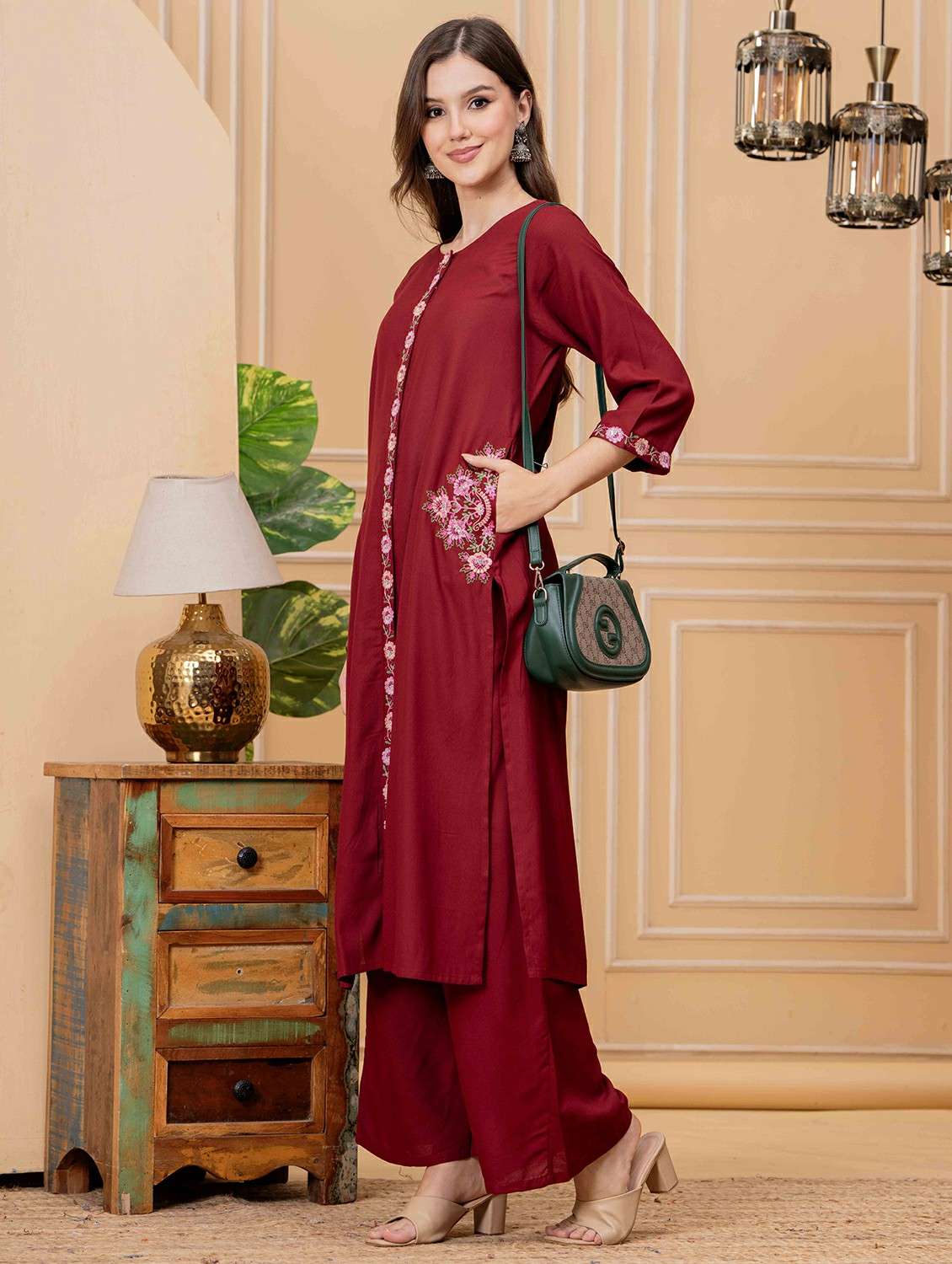 women embroidered three quarter sleeve kurta palazzo set