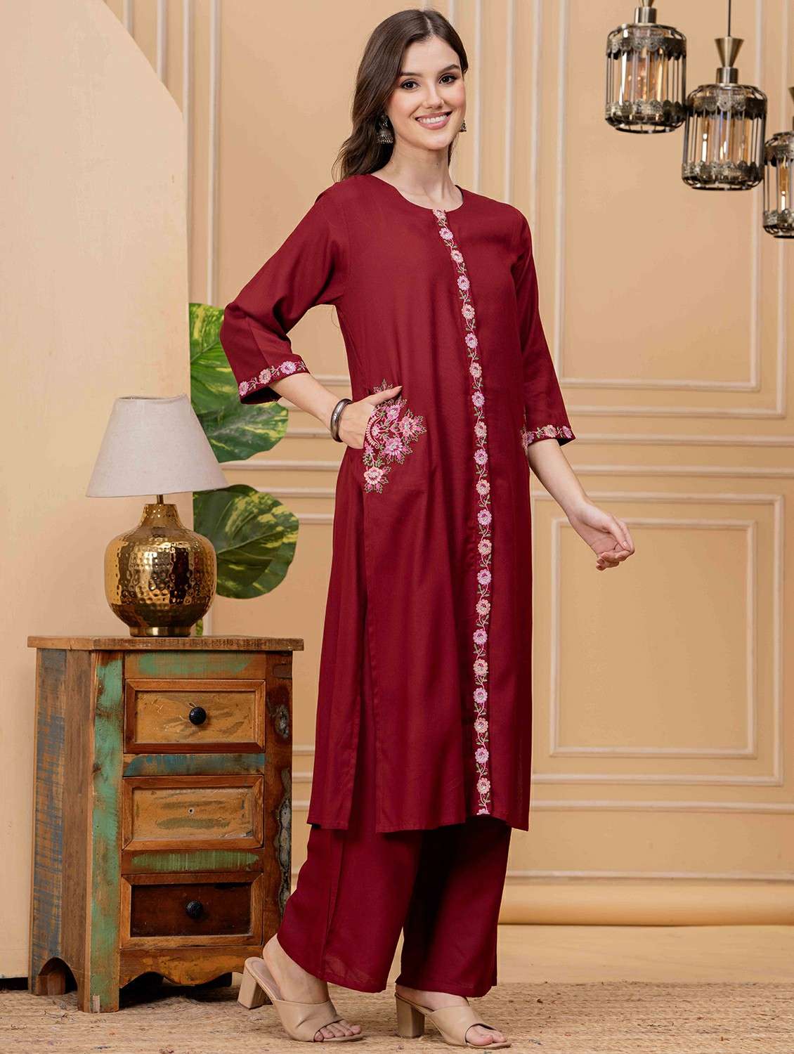 women embroidered three quarter sleeve kurta palazzo set - 22146644 -  Standard Image - 3