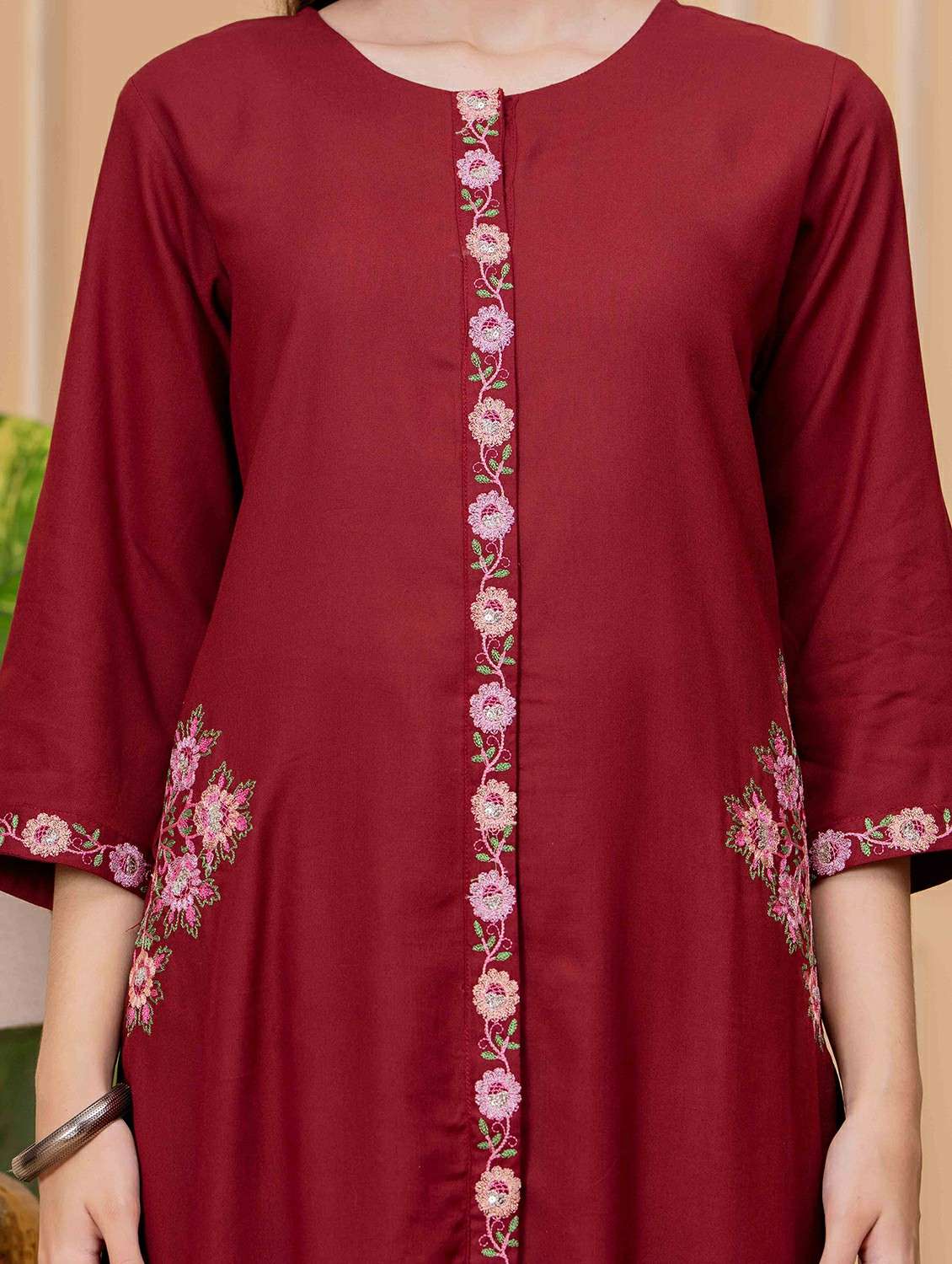 women embroidered three quarter sleeve kurta palazzo set - 22146644 -  Standard Image - 5