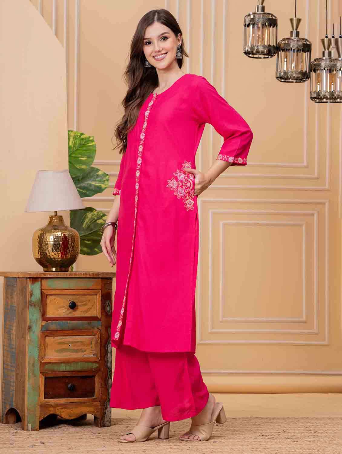 women embroidered three quarter sleeve kurta palazzo set - 22146645 -  Standard Image - 3