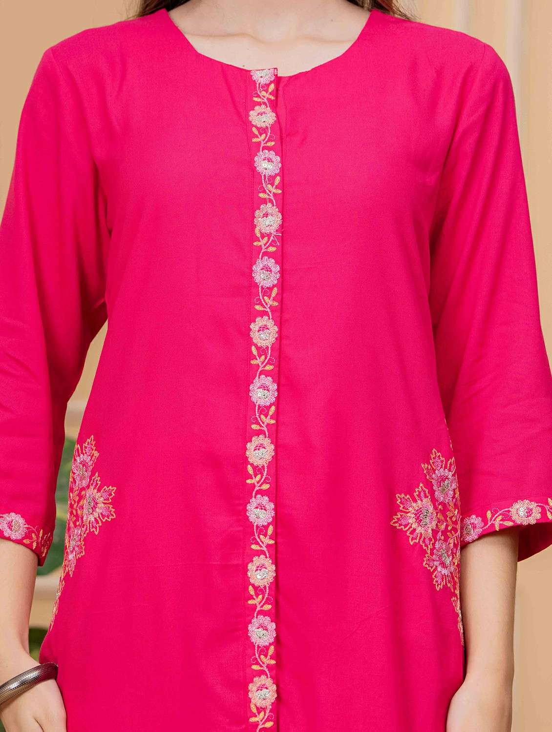 women embroidered three quarter sleeve kurta palazzo set - 22146645 -  Standard Image - 5