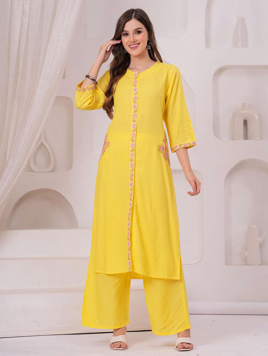 women embroidered three quarter sleeve kurta palazzo set - 22146646 -  Standard Image - 3