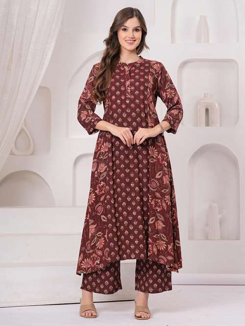 women floral printed three quarter sleeve kurta pant set - 22146647 - Standard Image - 0