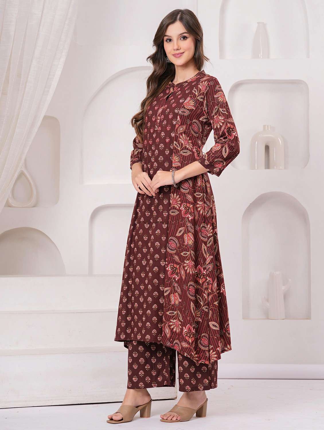 women floral printed three quarter sleeve kurta pant set - 22146647 - Standard Image - 3