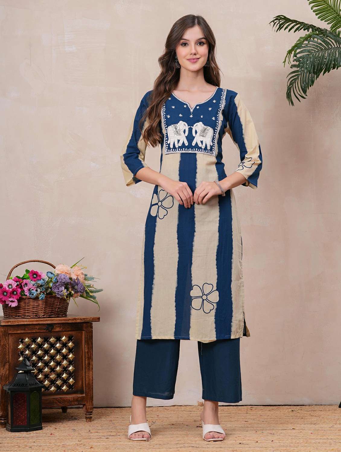 women printed three quarter sleeve kurta pant with dupatta set - 22146649 - Standard Image - 3