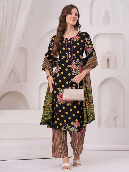 women printed three quarter sleeve kurta pant with dupatta set - 22146652 - Standard Image - 0