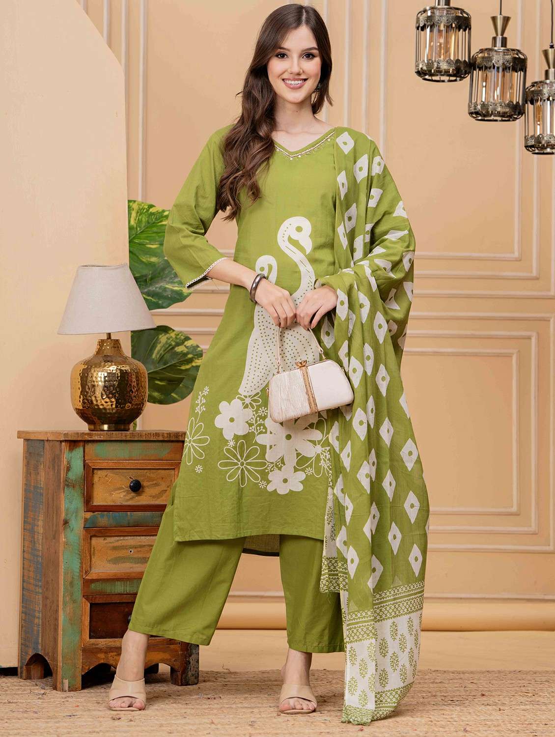 women printed three quarter sleeve kurta pant with dupatta set - 22146654 -  Zoom Image - 0