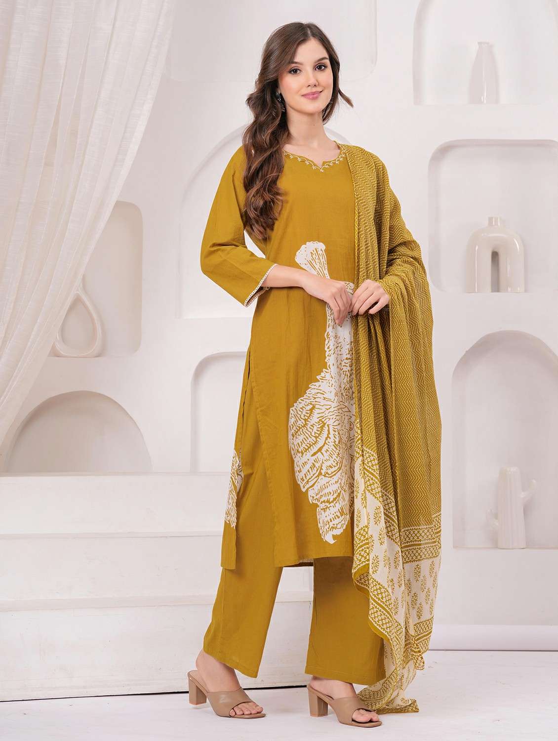 women printed three quarter sleeve kurta pant with dupatta set - 22146655 - Standard Image - 3