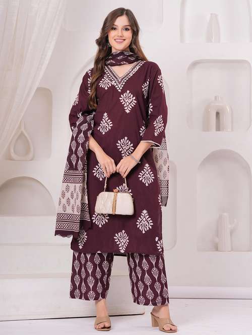 women printed three quarter sleeve kurta pant with dupatta set - 22146658 - Standard Image - 0