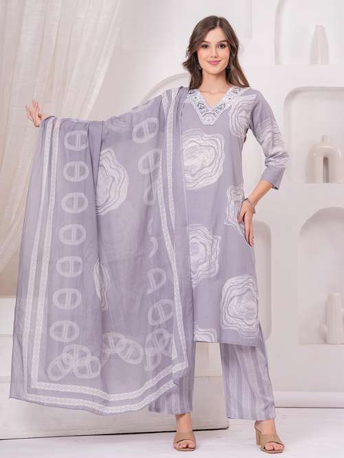 women printed three quarter sleeve kurta pant with dupatta set - 22146659 - Standard Image - 0