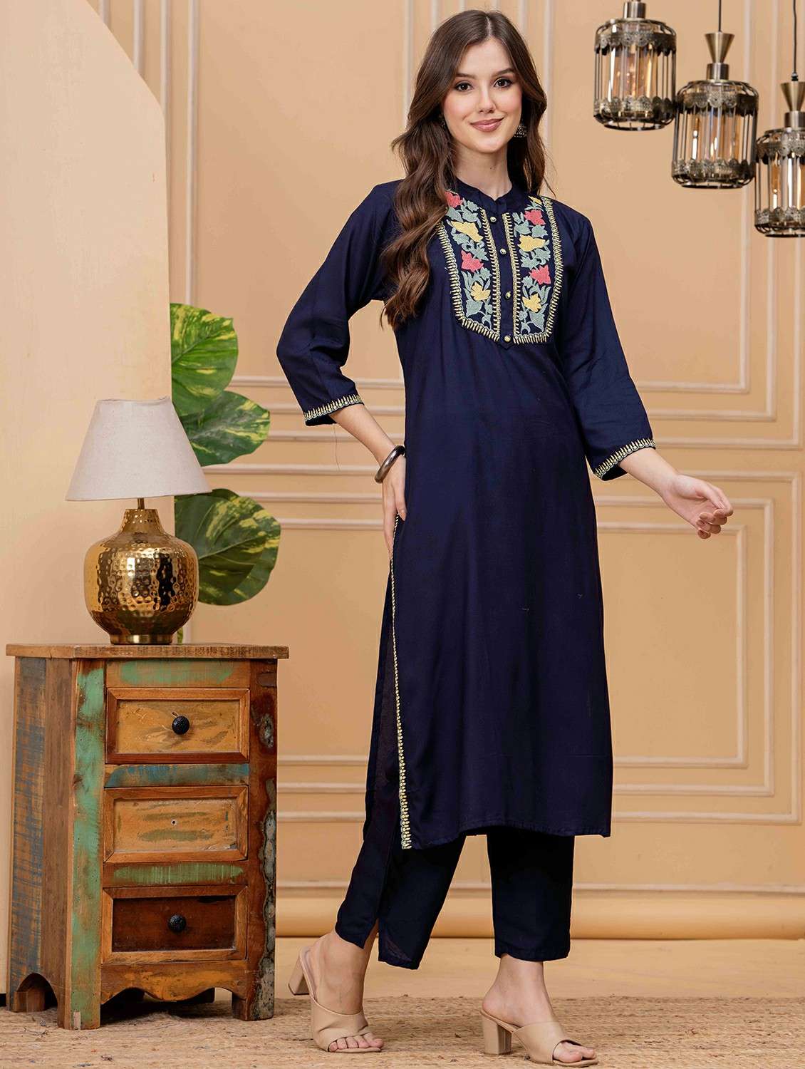 women embroidered three quarter sleeve kurta pant set - 22146660 - Standard Image - 3