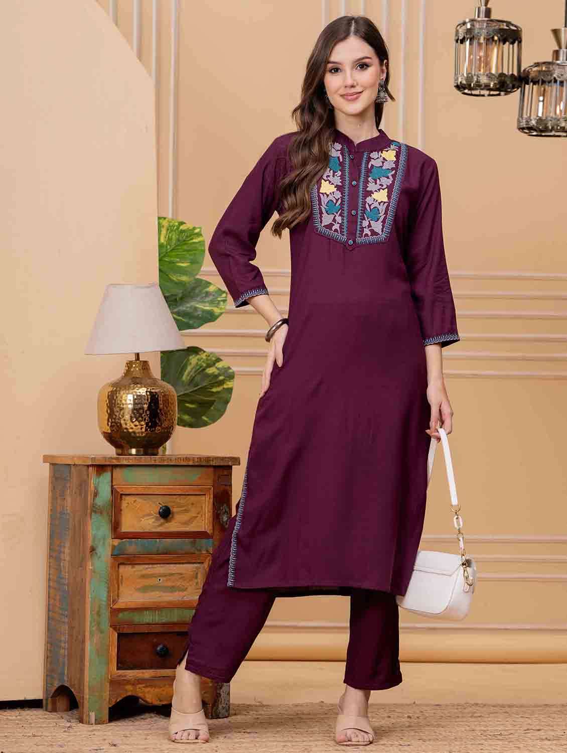 women embroidered three quarter sleeve kurta pant set