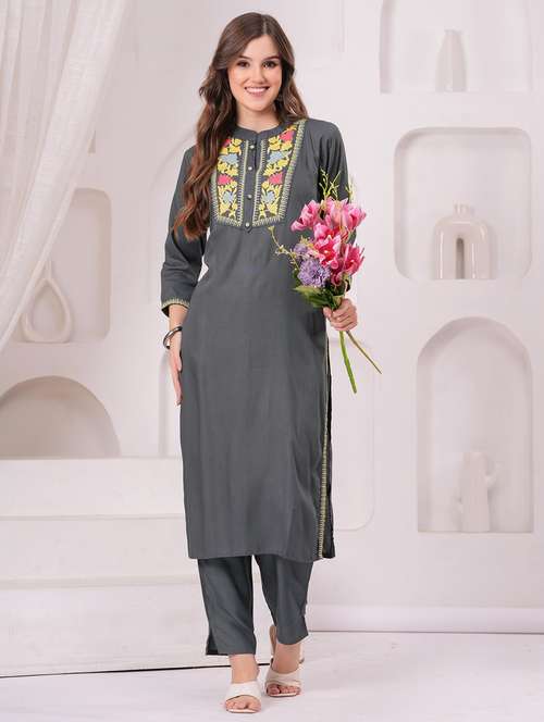 women embroidered three quarter sleeve kurta pant set - 22146662 -  Standard Image - 0