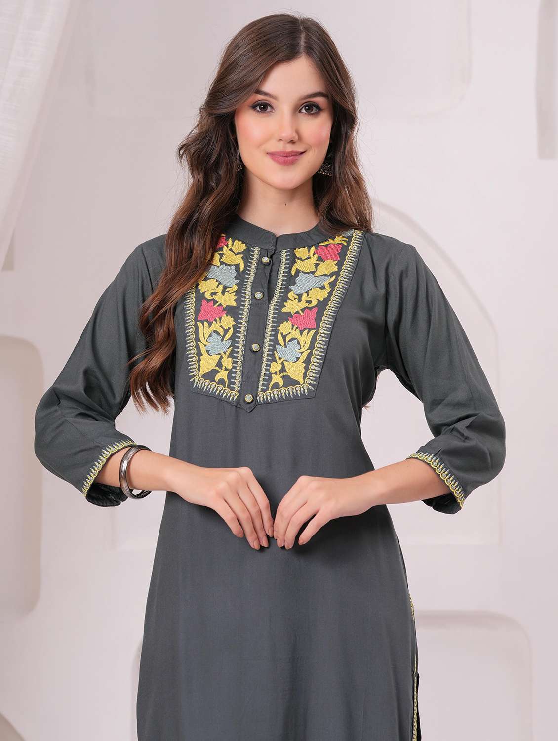 women embroidered three quarter sleeve kurta pant set - 22146662 - Standard Image - 5